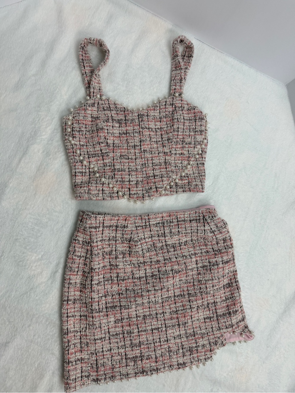 Pink Tweed Pearl-Trim Skirt Set - Women's